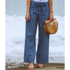 American Eagle Wide Leg High Waisted Waist Tie Belt Striped Trouser Pants Blue